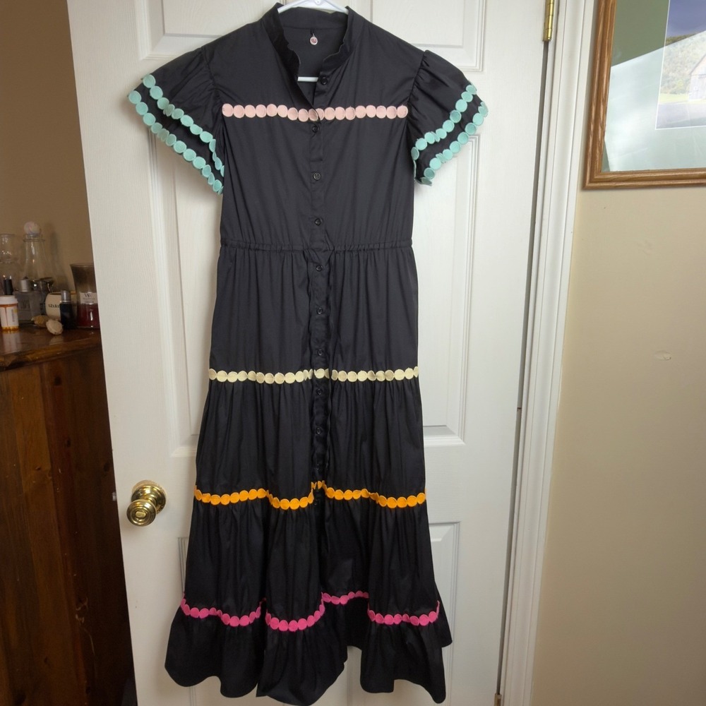 Celia B Malik Scalloped Black Midi Dress X-Small Ruffled Collar Puff Sleeve